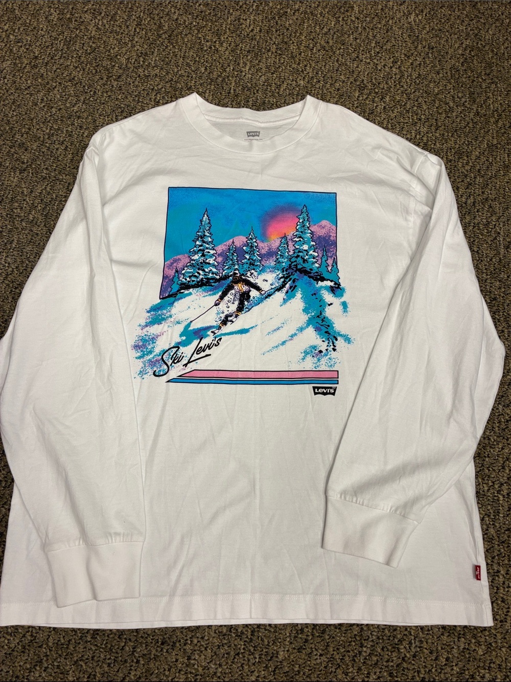 NWOT Levi's White Long-Sleeve Ski Graphic Tee with Blue, Pink & Purple Artwork
